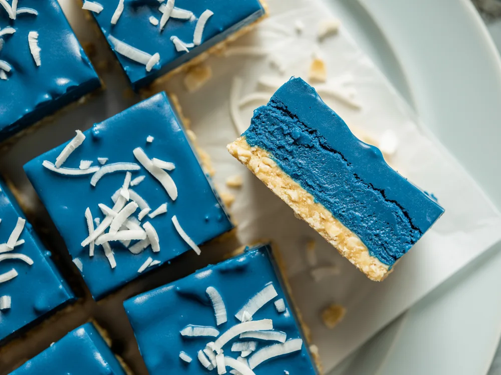 AI illustration of blue spirulina coconut dream bars