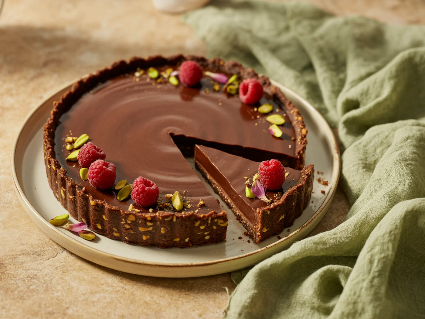 Illustration of a chocolate tart on a ceramic plate