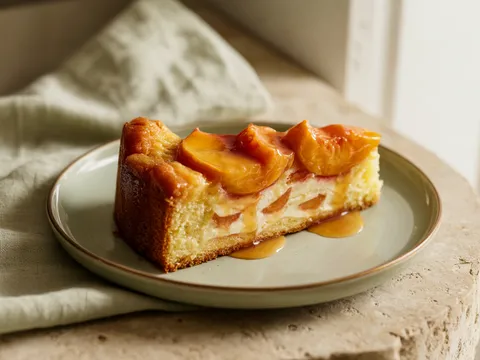 Illustration of peach upside-down almond cake