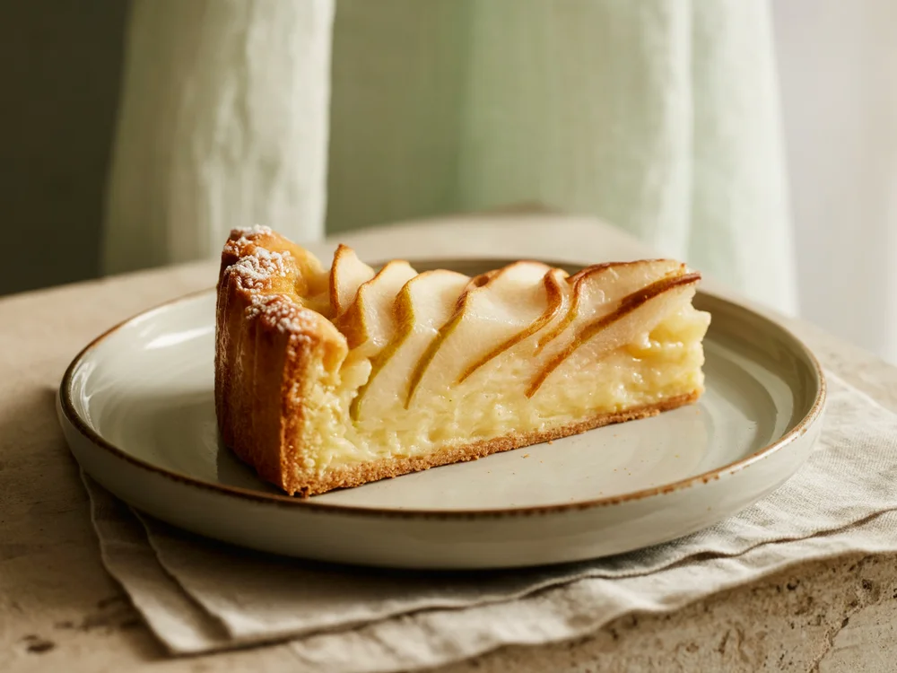 AI illustration of pear almond frangipane tart
