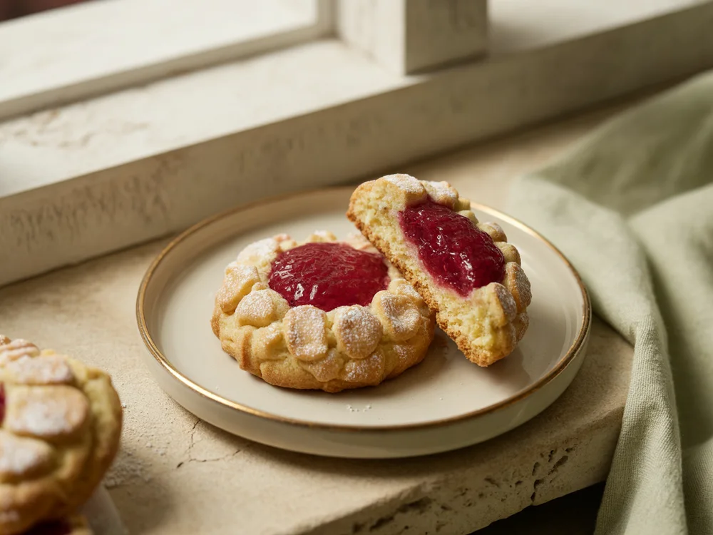 AI illustration of raspberry almond thumbprint cookies
